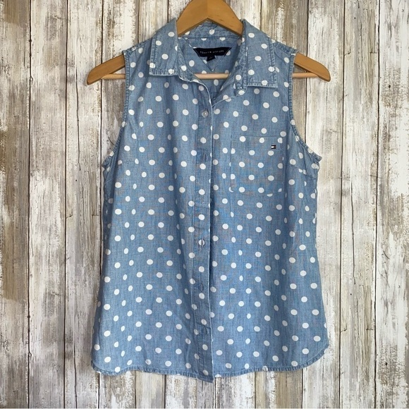 Tommy Hilfiger Denim Polka Dot Sleeveless Button Down - Picture 1 of 5